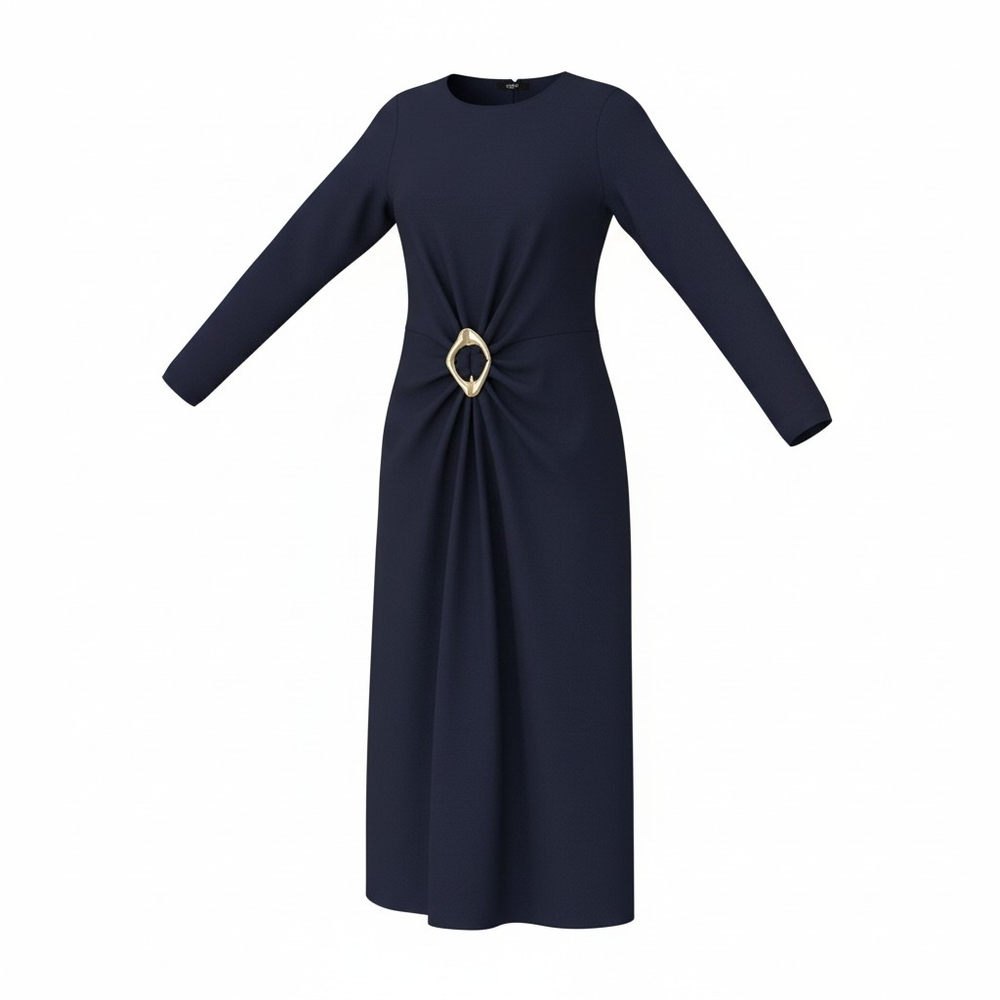 Zara Limited Edition Draped Navy Blue Long Sleeve Midi Dress With Buckle Size M